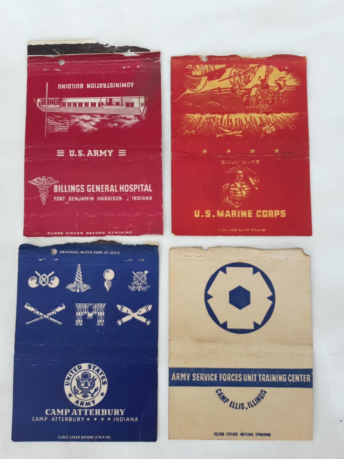 4 WW2 Matchbook Covers 3 x 5 - US ARMY Billings IN, Atterbury, Camp Ellis, M.C. 4 WW2 Matchbook Covers 3 x 5 - US ARMY Billings IN, Atterbury, Camp Ellis, M.C.