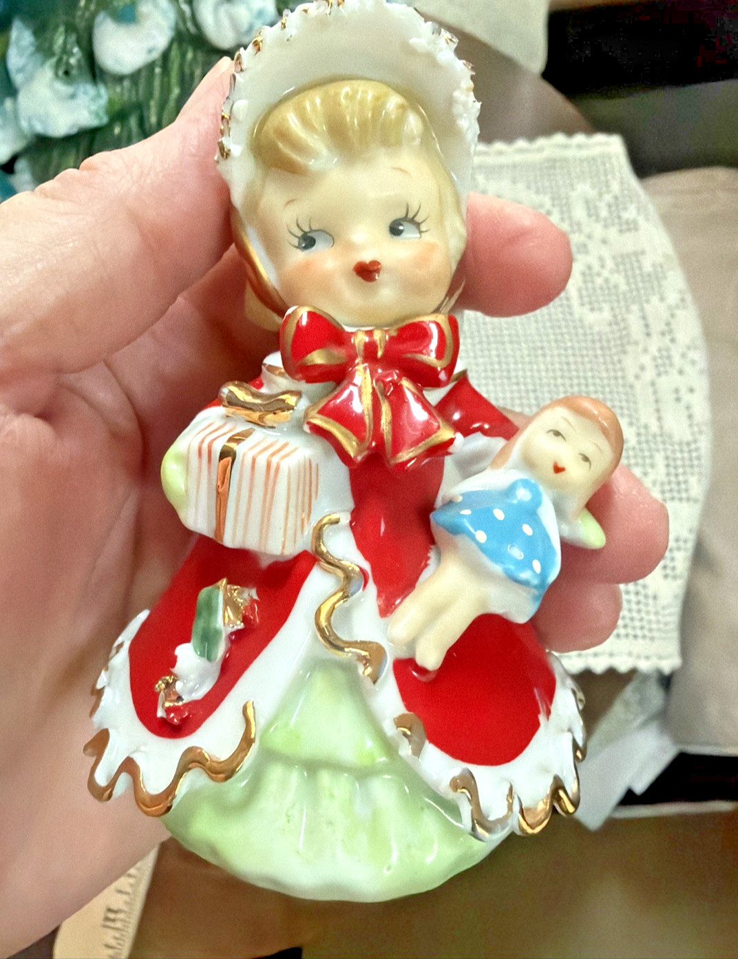 Vintage Christmas Geo Z Lefton Japan Porcelain Angel Bell Girls Holding Doll 4\ Vintage Christmas Geo Z Lefton Japan Porcelain Angel Bell Girls Holding Doll 4\