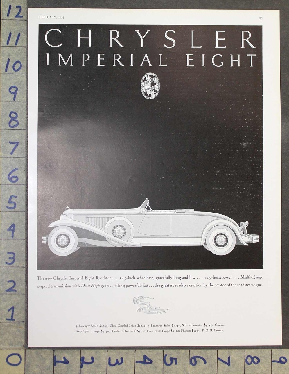 1931 CHRYSLER IMPERIAL EIGHT ROADSTER CONVERTIBLE ART DECO MOTOR AUTO AD FC14825