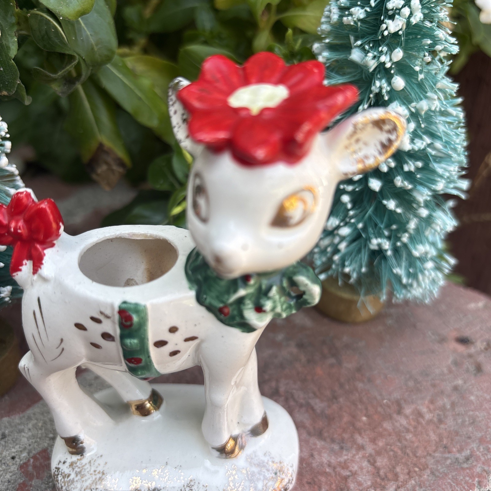 Vintage Commodore Christmas Deer Candle Holder Wreath Bell Candle Holder