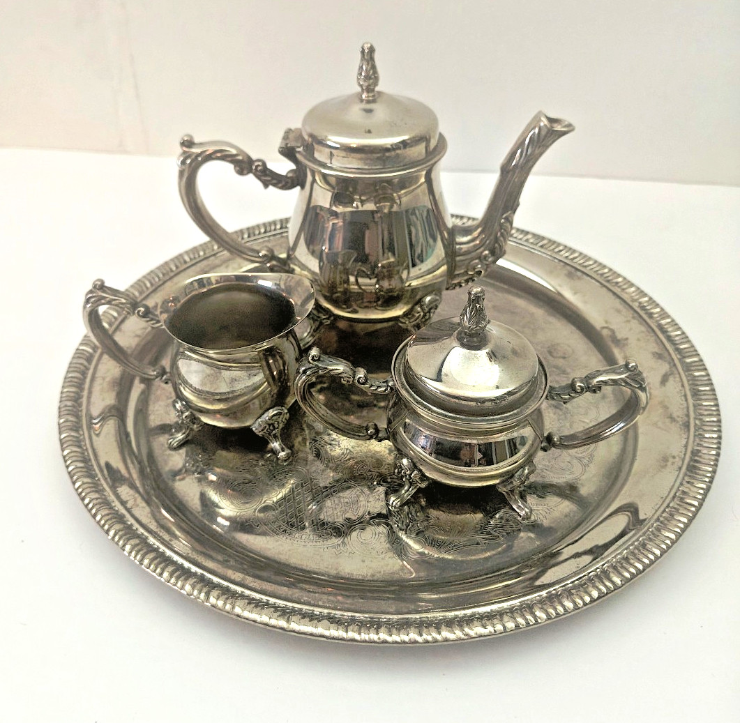 Vintage Elegance Silverware Tea Set Teapot w/ Lid, Creamer, Sugar Bowl & Tray