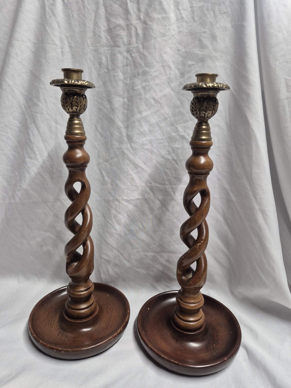 Vintage 1991 Barley Twist Wood Brass Candlesticks Pair 15” Made Taiwan
