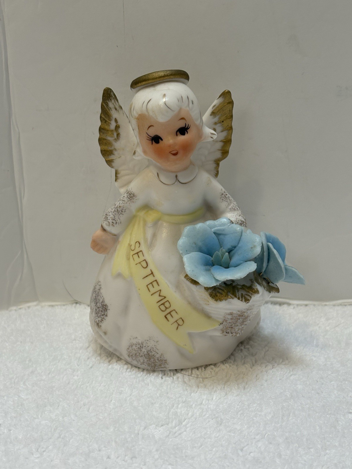 VTG Lefton September Birthday Angel Figurine #3332 Spaghetti Trim Blue Flowers VTG Lefton September Birthday Angel Figurine #3332 Spaghetti Trim Blue Flowers