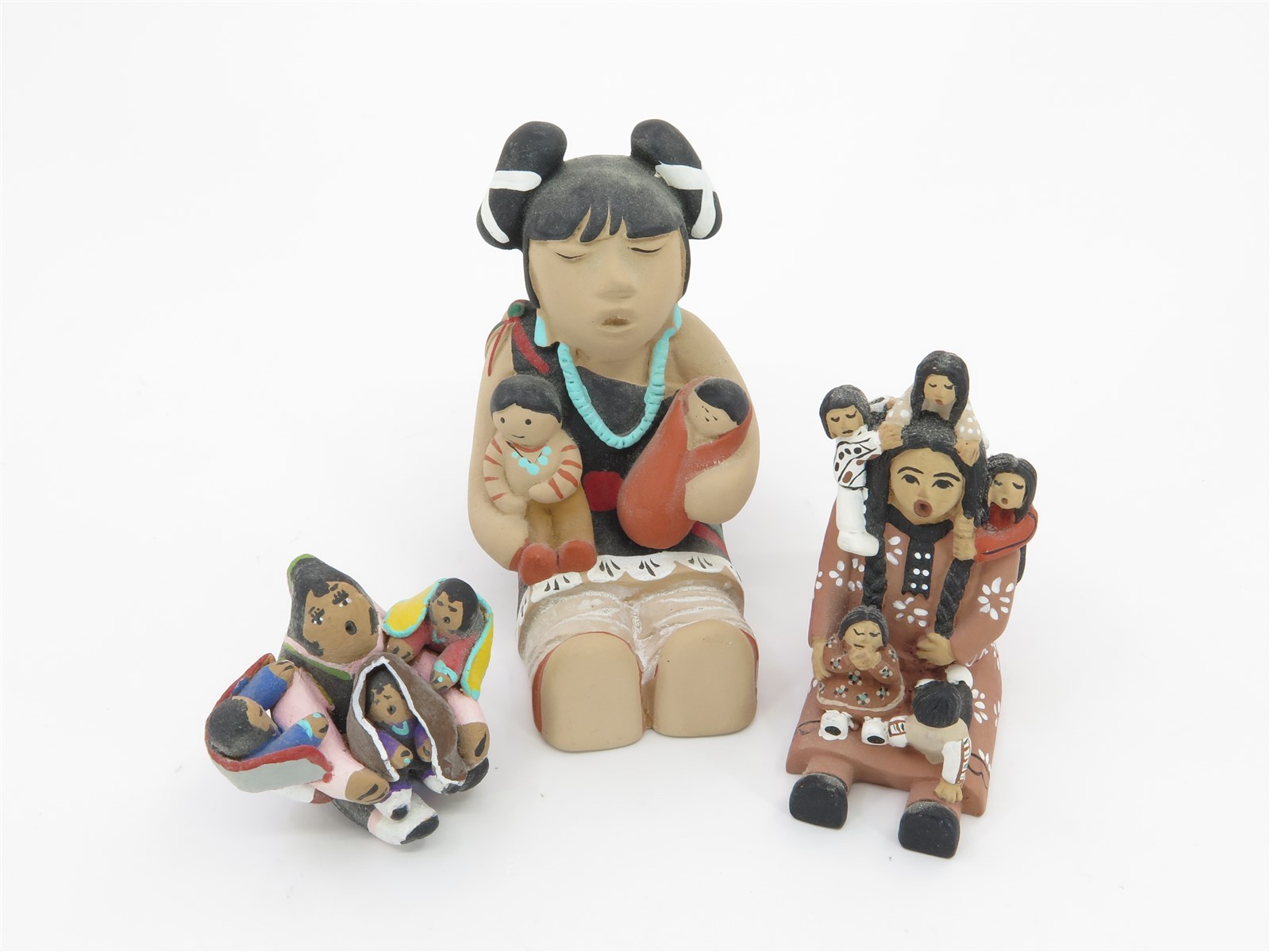 Trio of Pueblo New Mexico Storytellers Hand Painted one Signed & Dated 1986 