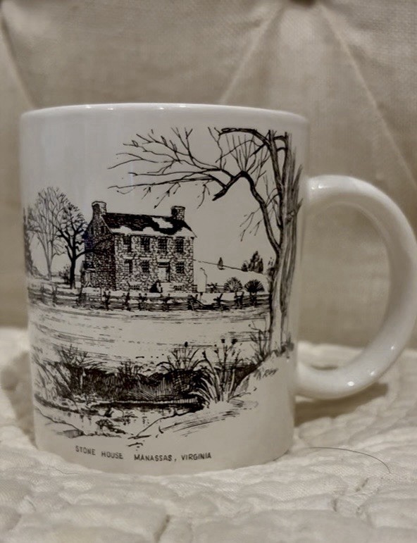 Vintage White Ceramic Coffee Mug Stone House Manassas Virginia Historical Look 