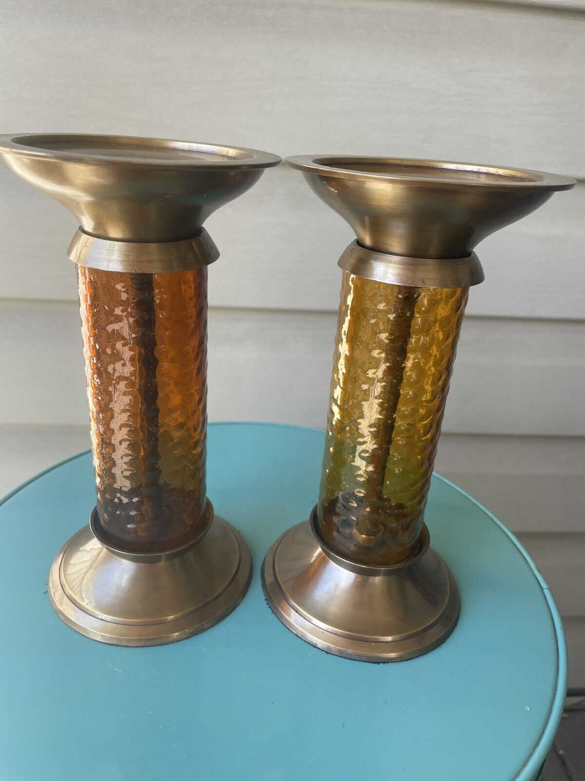 Vintage MCM Style Amber Faceted Glass Brass Candle Sticks 7”-Set Of 2