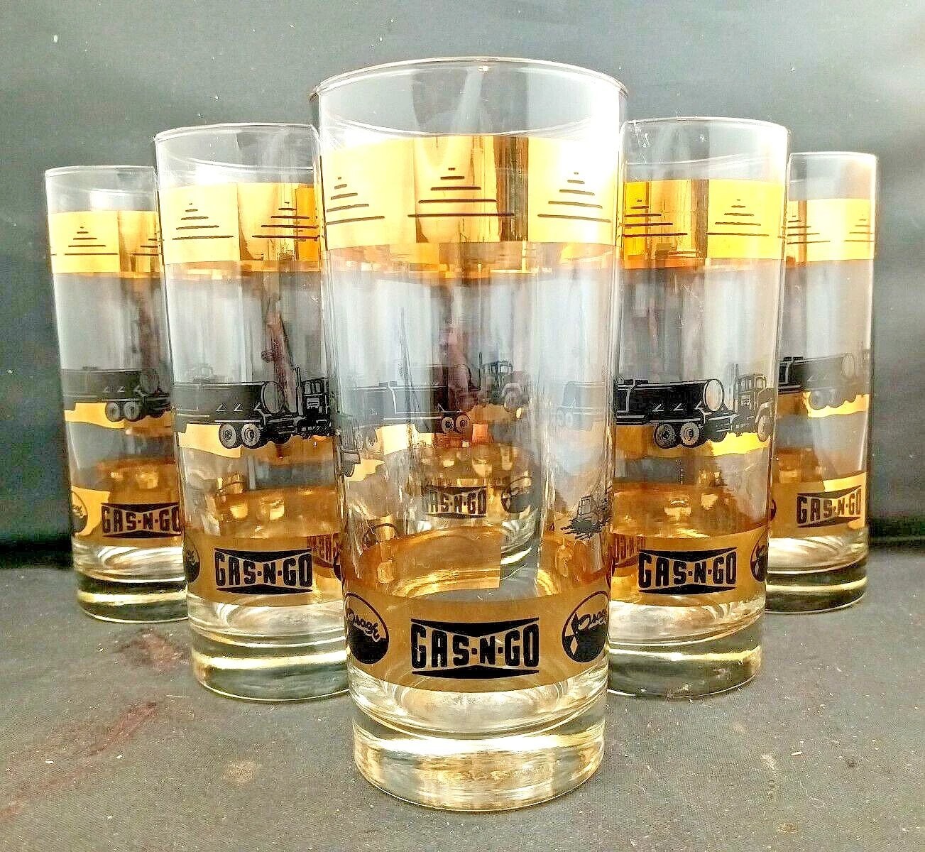Vintage Gas-N-Go Highball Glasses Osage Oil Co 22k Gold Industrial Mid Century