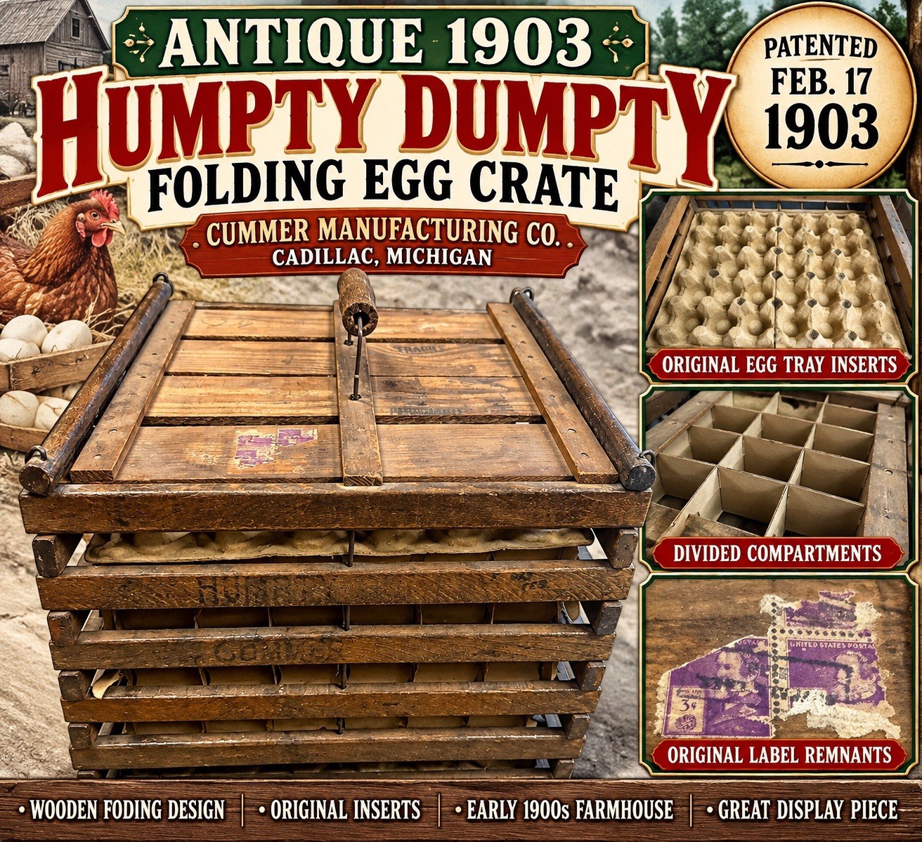 Antique 1903 Wooden Folding Egg Crate Basket Farm Carrier Humpty Dumpty Style