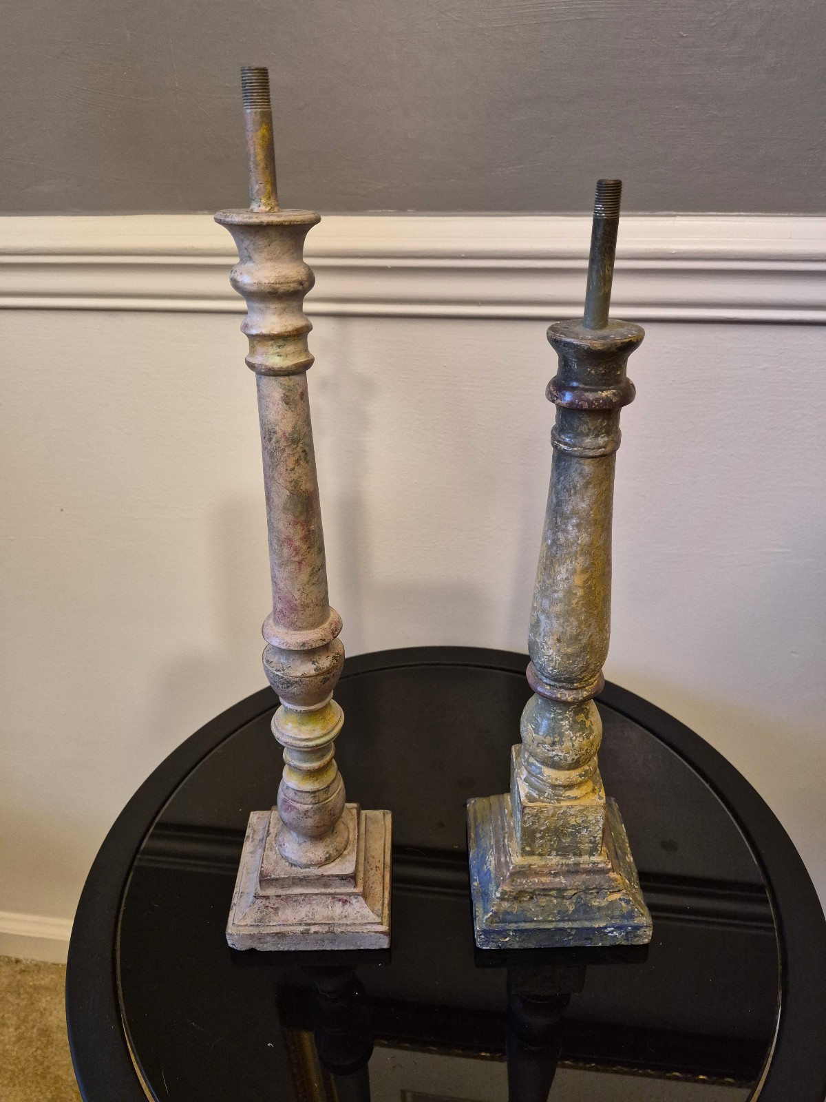 Vintage Wood Altar Candlesticks Pair Baluster Table Lamp Base Project 12.5 Vintage Wood Altar Candlesticks Pair Baluster Table Lamp Base Project 12.5