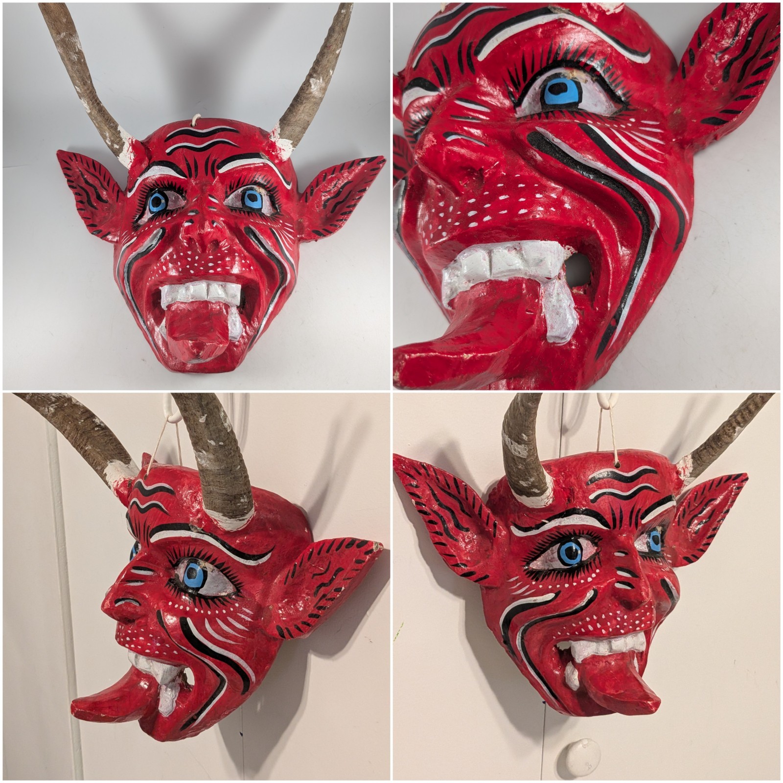 Vintage Diablo Devil Mask Carved Wood with Real Horns.  Artisan Made.  Mexico