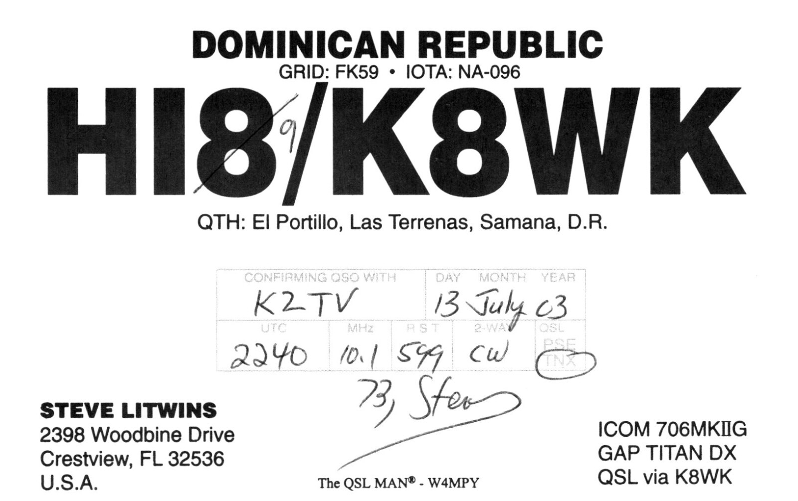 Las Terrenas Samana Dominican Republic HI8/K8WK QSL Radio Postcard