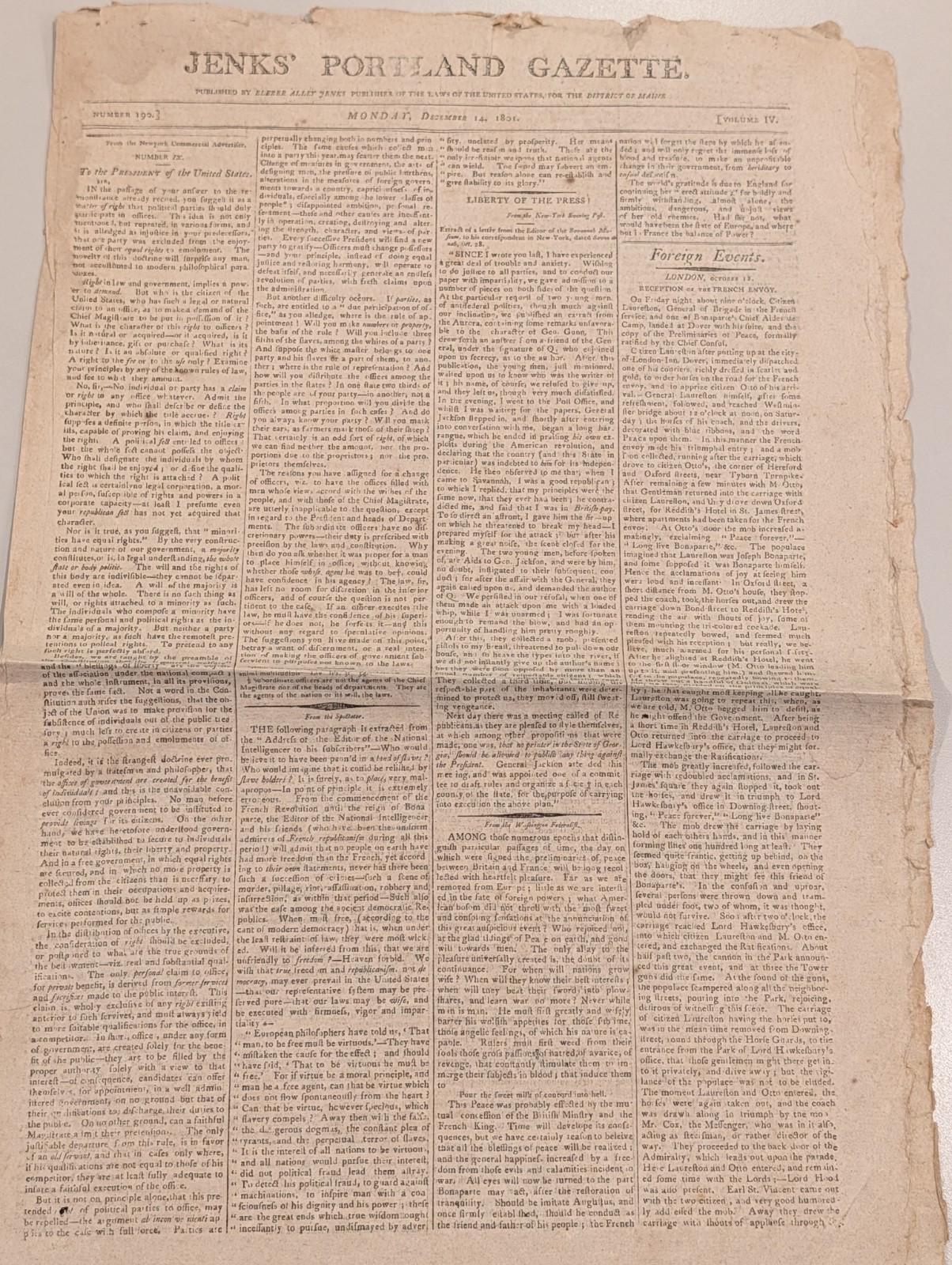 1801 Portland Gazette Maine Newspaper Thomas Jefferson Napoleon Peace Amiens War 1801 Portland Gazette Maine Newspaper Thomas Jefferson Napoleon Peace Amiens War