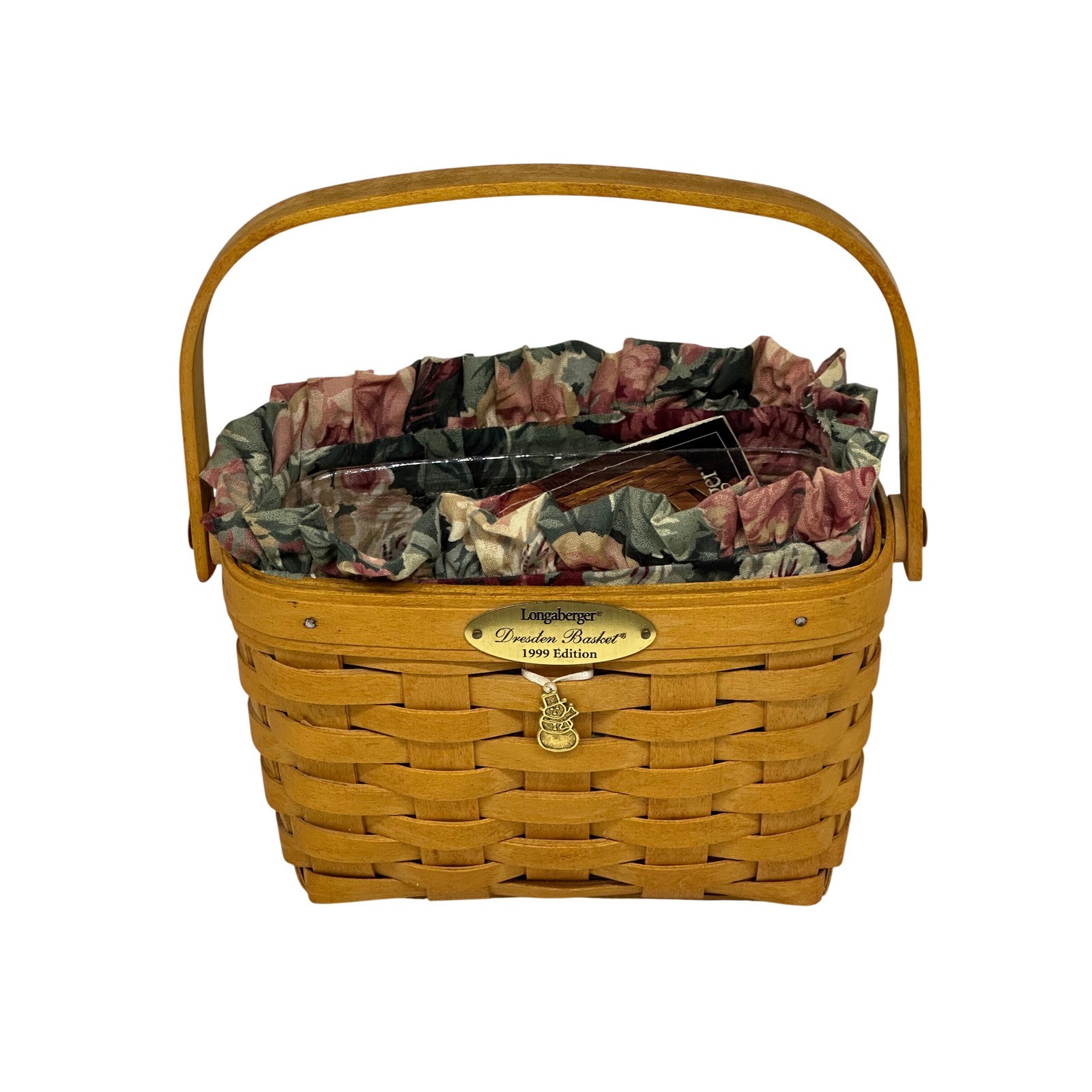 VTG Longaberger Dresden Basket Brown 1999 Ed. Woven Floral Liner Snowman Charm