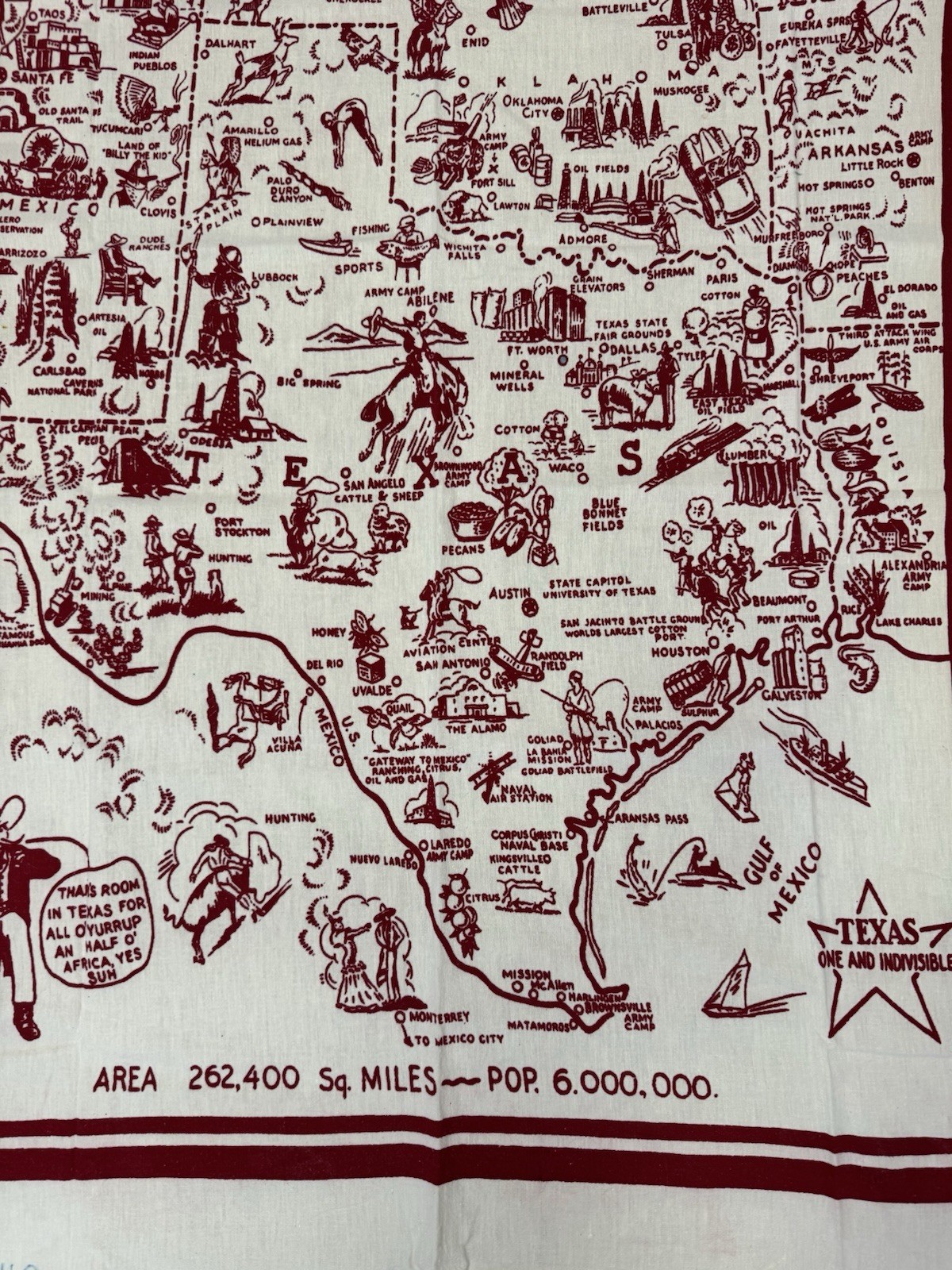 Vintage Texas State Souvenir Map Tablecloth Cotton Landmarks Red and Cream 1940s