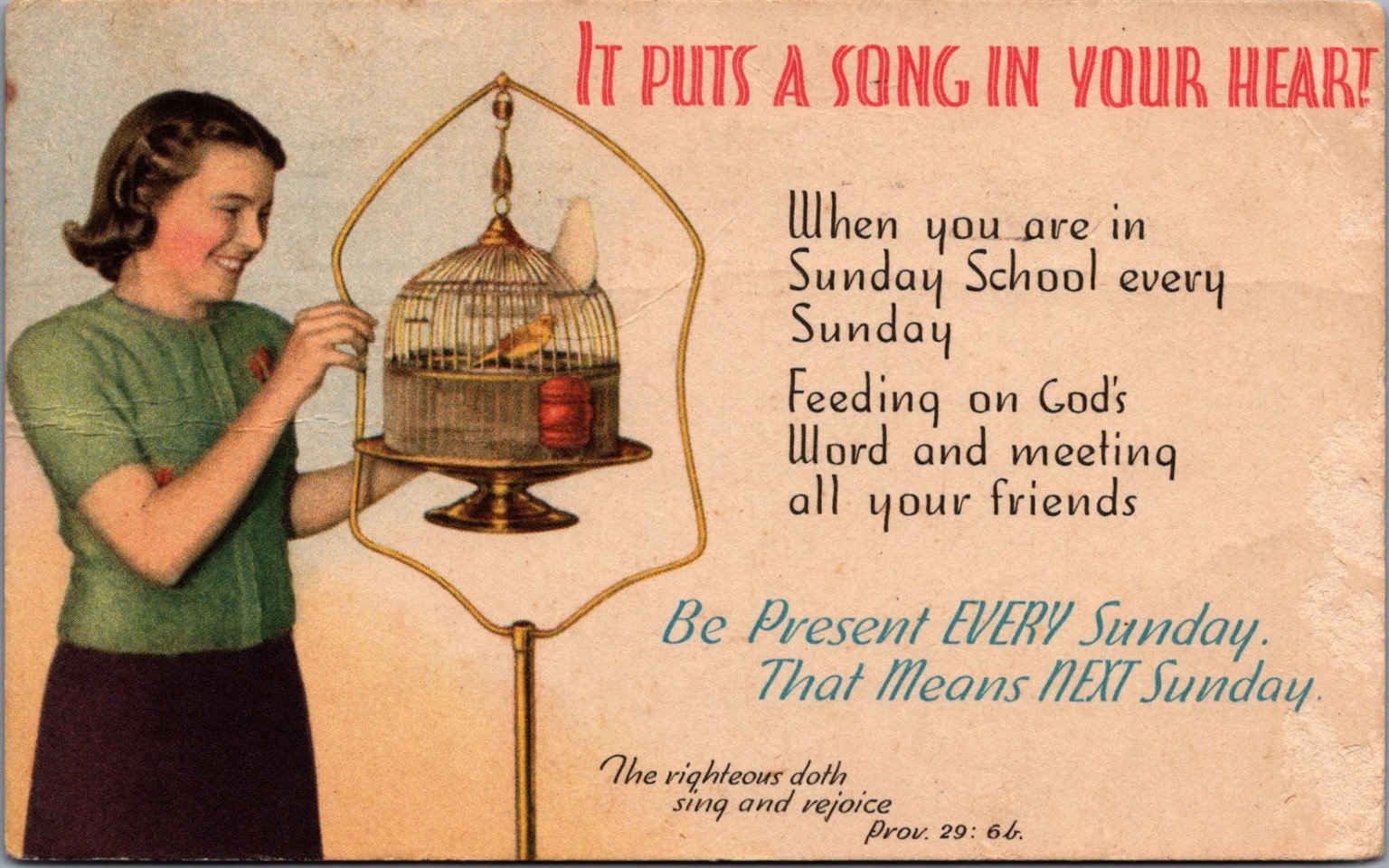 1943 Raleigh NC Sunday School Postcard Girl Canary Birdcage Religious Message 1943 Raleigh NC Sunday School Postcard Girl Canary Birdcage Religious Message