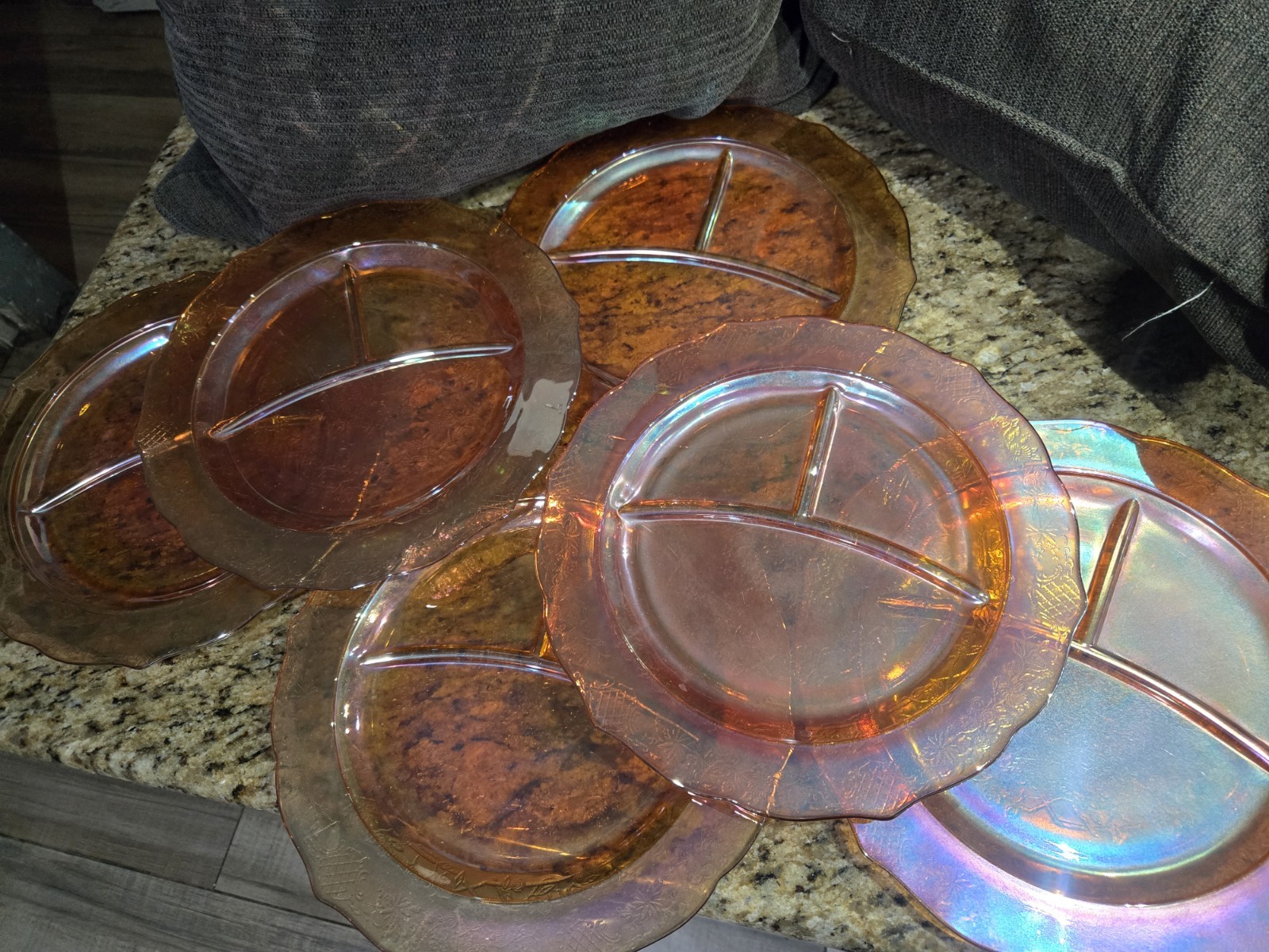 Federal Normandie Carnival Glass Iridescent Marigold Large Plates, Set of 6 Federal Normandie Carnival Glass Iridescent Marigold Large Plates, Set of 6