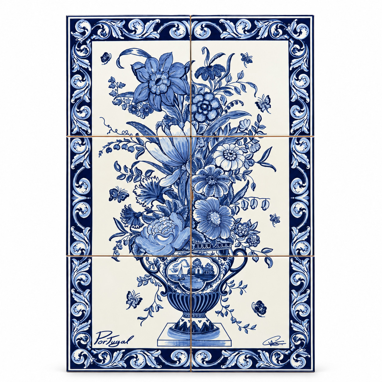 Portuguese Ceramic Tile Wall Panel, Blue Floral Design (11.75 Portuguese Ceramic Tile Wall Panel, Blue Floral Design (11.75