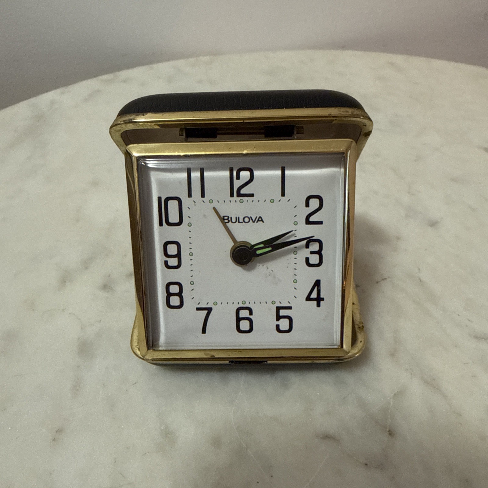 VTG Bulova Square Analog Travel Alarm Clock Gold/Black Metal Case Arabic Numeral VTG Bulova Square Analog Travel Alarm Clock Gold/Black Metal Case Arabic Numeral
