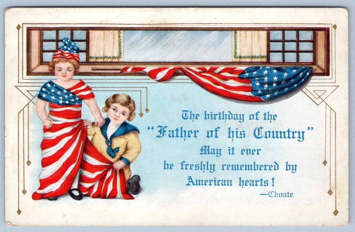 1915 AMERICAN FLAG DRAPED GIRL WASHINGTON\'s BIRTHDAY WHITNEY PATRIOTIC POSTCARD