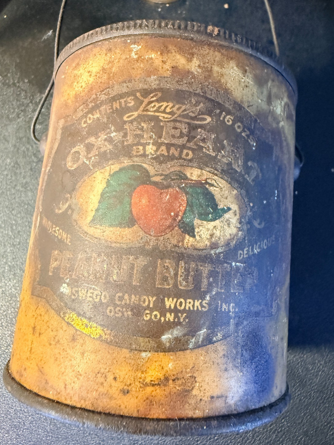 Vintage Ox-Heart Brand Peanut Butter Tin Oswego Candy Works NY 4 inches tall Vintage Ox-Heart Brand Peanut Butter Tin Oswego Candy Works NY 4 inches tall