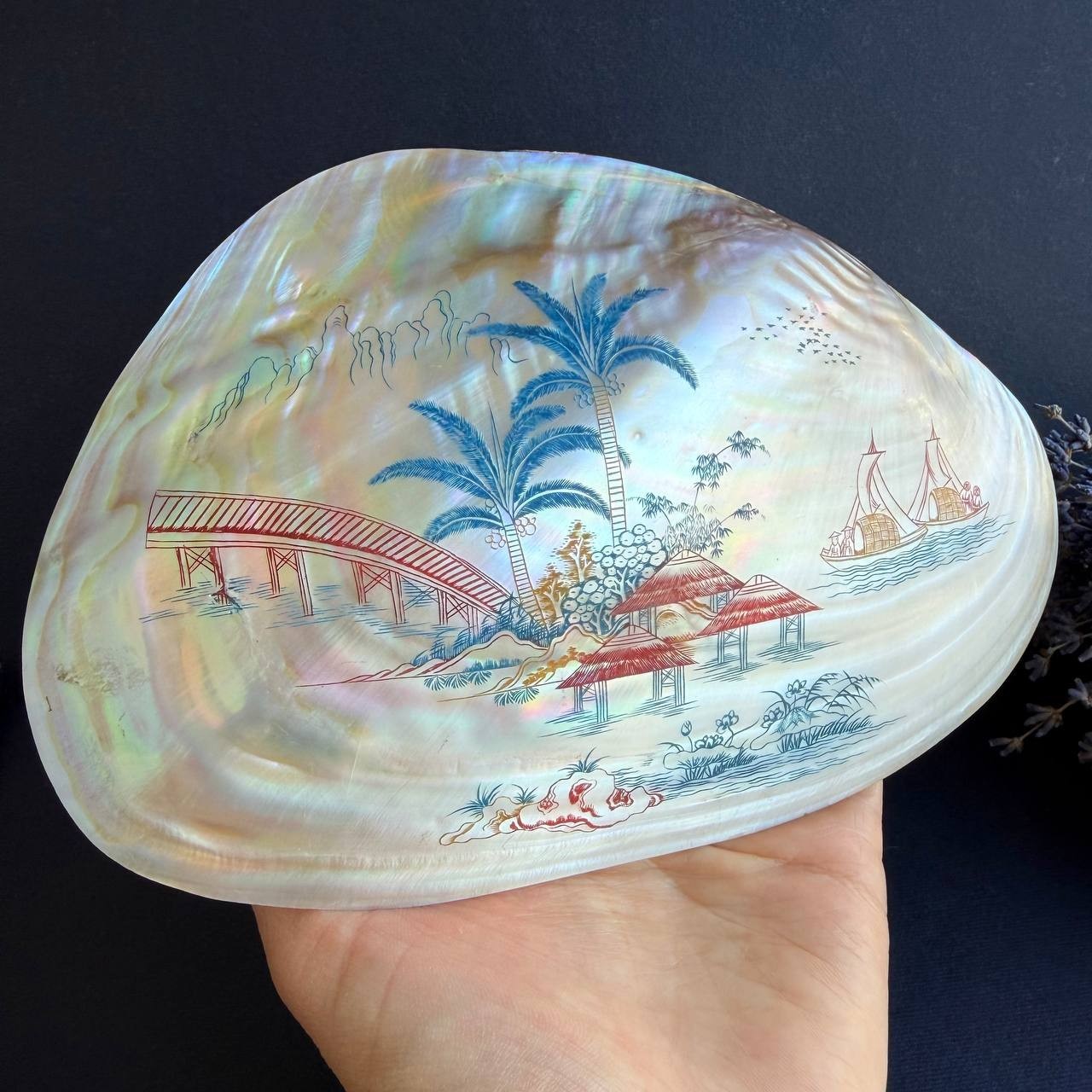 Vintage Mother of Pearl Shell Dish Asian Landscape Engraved Painted Art Decor