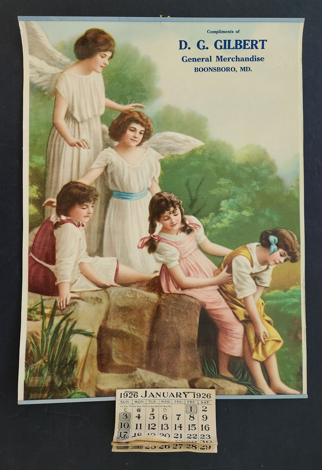 1926 vintage GUARDIAN ANGEL WALL CALENDAR boonsboro md D G GILBERT gen merch