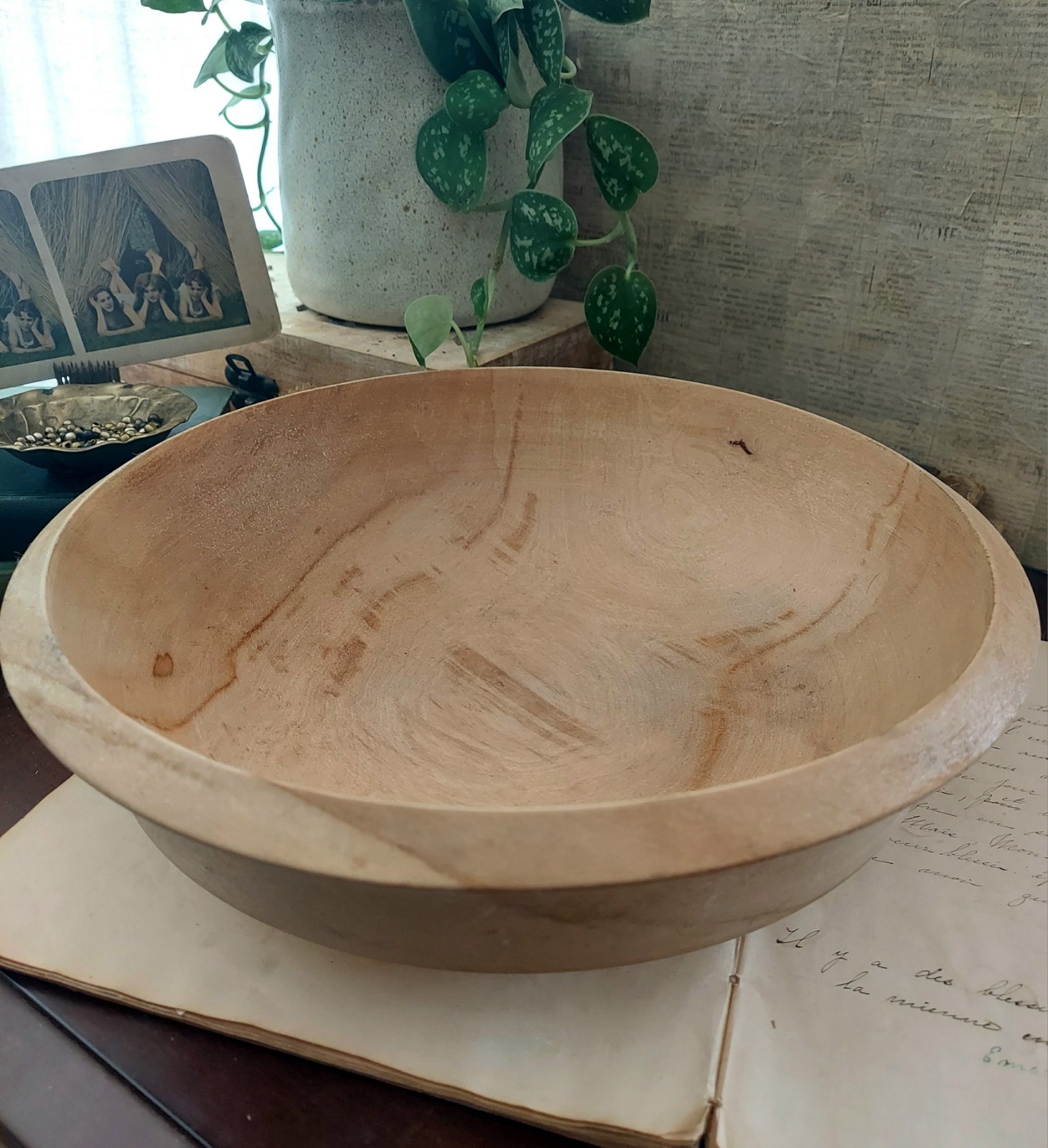 Vintage Primitive Signed Wooden Bowl Round Woodpecker Woodware Made In Japan