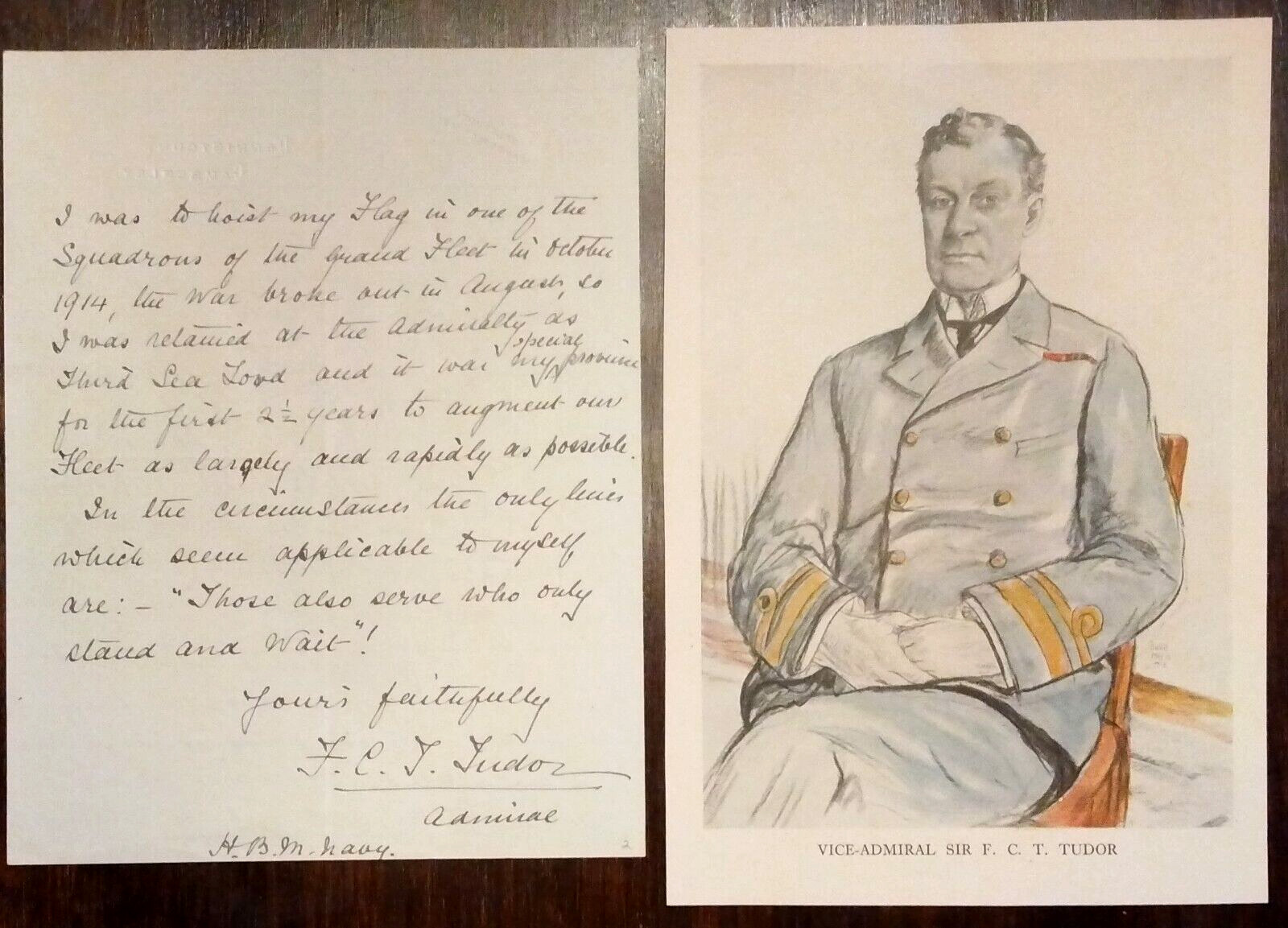 Admiral Sir Frederick C T Tudor (1863-1946) Signed Letter & WWI Portrait Print *