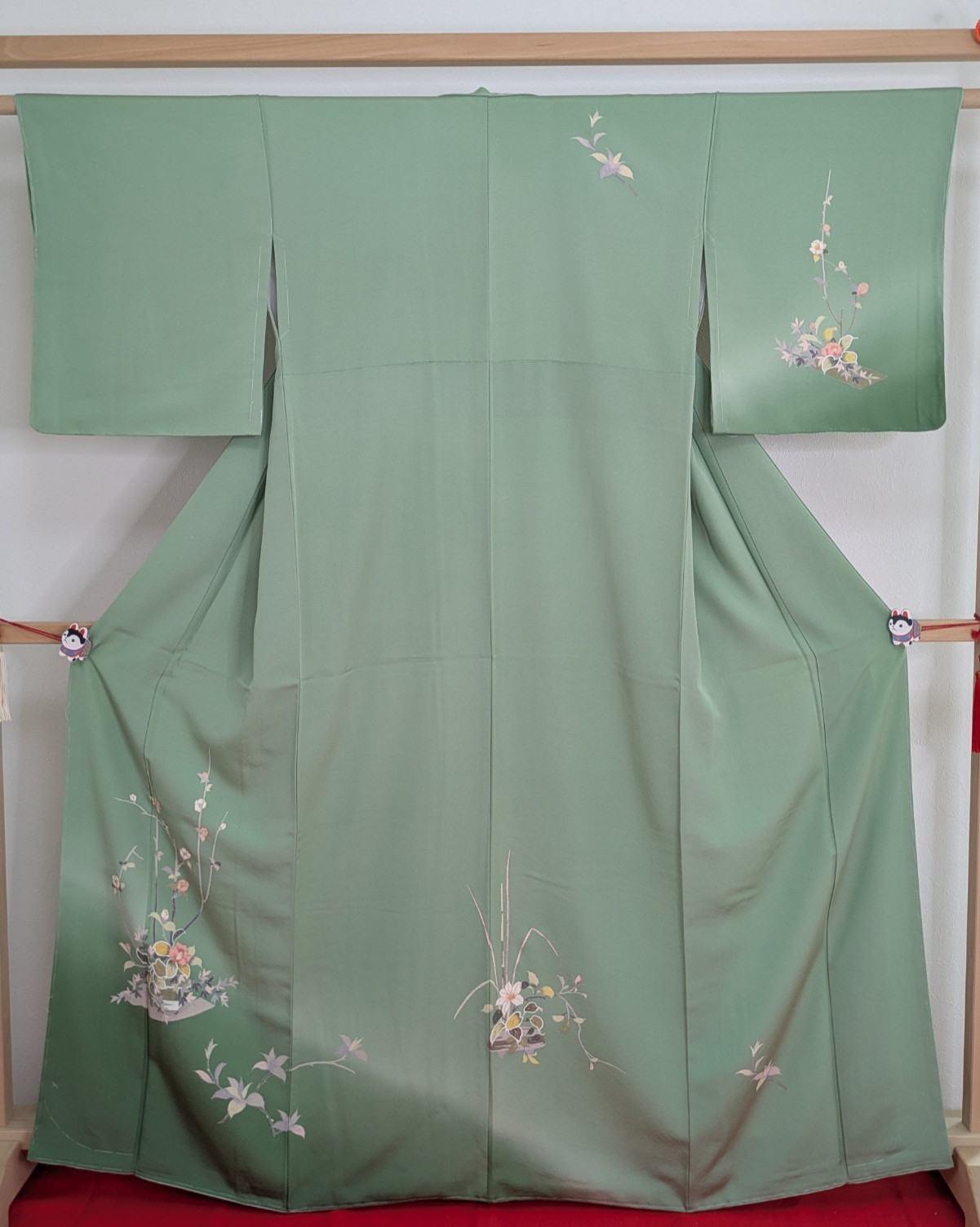 Japanese Kimono Silk Homongi Green Kyo-Yuzen Gold Dyed Floral Excellent XL Size