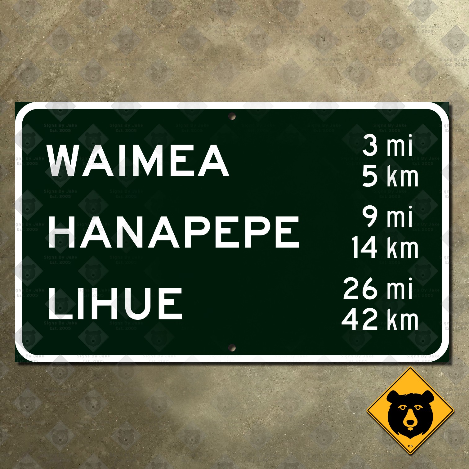 Hawaii Waimea Hanapepe Lihue mileage highway road street sign 22x13