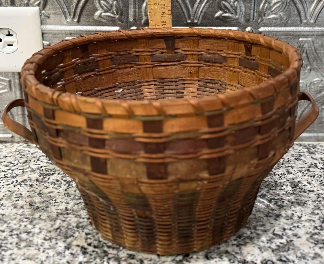 Antique Original Woven Splint Round + Shaped Basket with 2 Handles, 19th Century