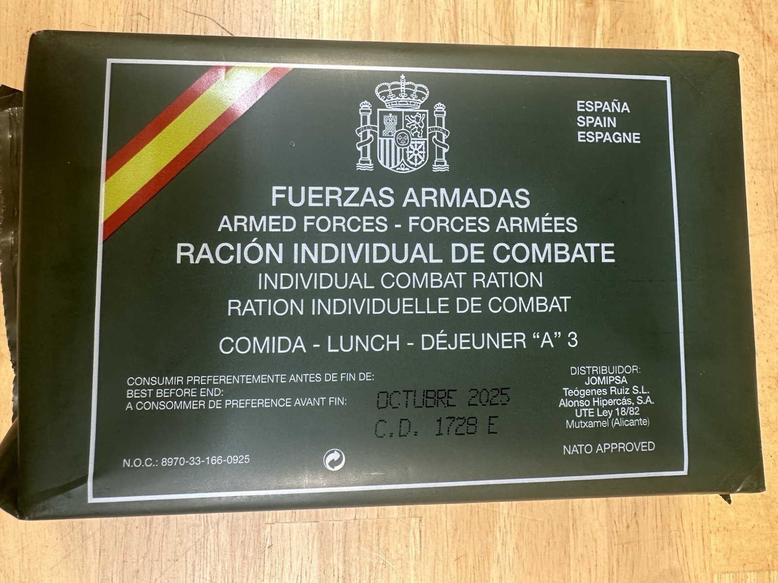 Spanish Armed Forces ICR Menu A-3 Military Ration Collectible Display