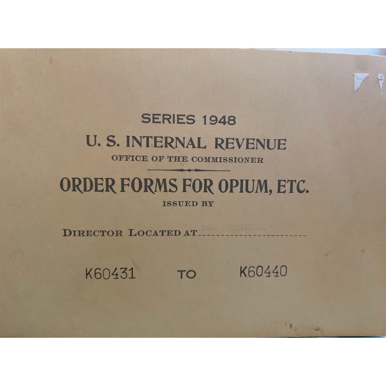 1953 U.S. Treasury Opium Opiates Order Forms Booklet Oakland Doctor Vintage