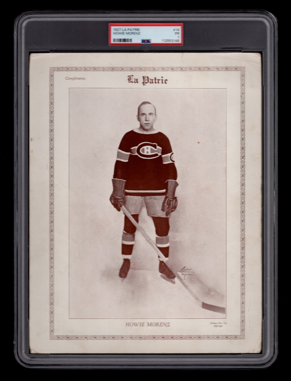 PSA 1 HOWIE MORENZ 1927 La Patrie HOF Hockey Card PSA 1 is THE HIGHEST GRADE PSA 1 HOWIE MORENZ 1927 La Patrie HOF Hockey Card PSA 1 is THE HIGHEST GRADE