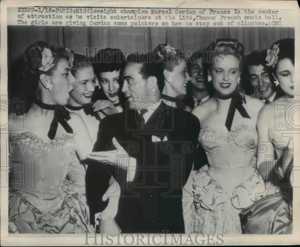 1949 Press Photo Middleweight champ Marcel Cerdan at the Lido club in Paris 1949 Press Photo Middleweight champ Marcel Cerdan at the Lido club in Paris