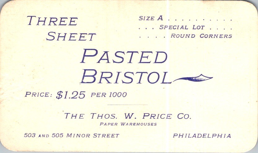 Thos W Price Co Business Card 1900s Philadelphia PA Three Sheet Pasted Bristol Thos W Price Co Business Card 1900s Philadelphia PA Three Sheet Pasted Bristol