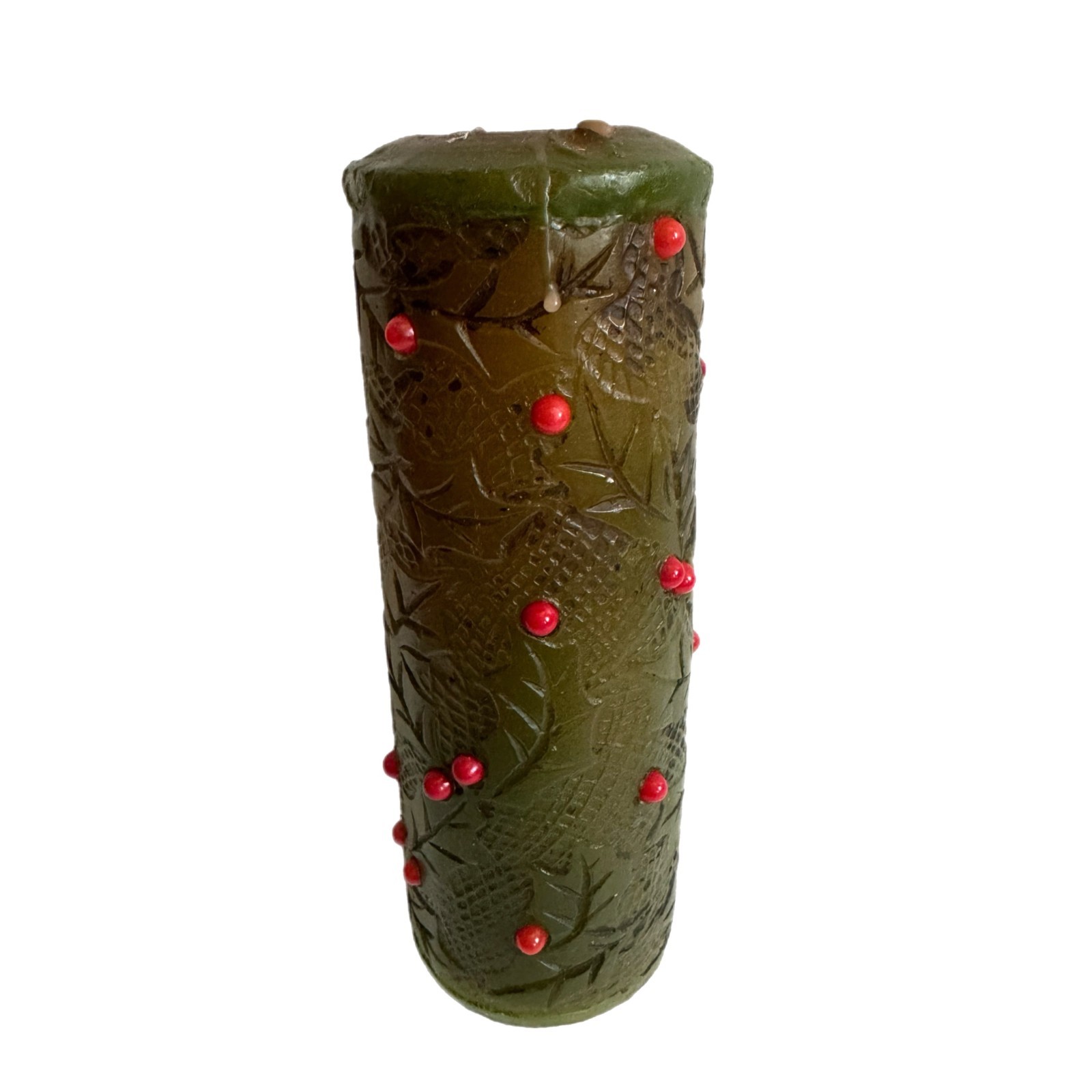 Vintage 3D Embossed Green Christmas Candle Red Berries Mid Century Kitsch Vintage 3D Embossed Green Christmas Candle Red Berries Mid Century Kitsch
