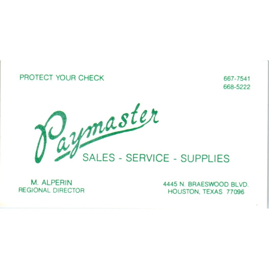 M. Alperin Paymaster Sales Service Supplies Houston Vintage Business Card SE3-B3 M. Alperin Paymaster Sales Service Supplies Houston Vintage Business Card SE3-B3