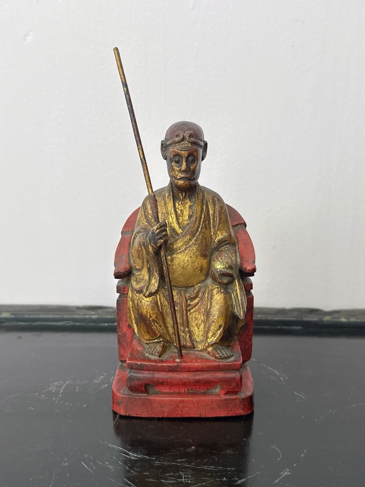 17/18C Chinese or Japanese Gilt Wooden Folk Carving Seated Deity  
