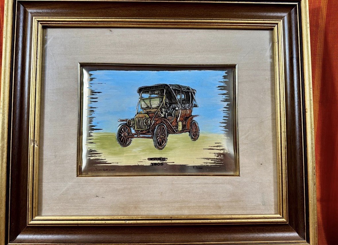 Vintage Italian Silver Foil Relief Mixed Media Art 1909 Ford ModelT Hand Painted