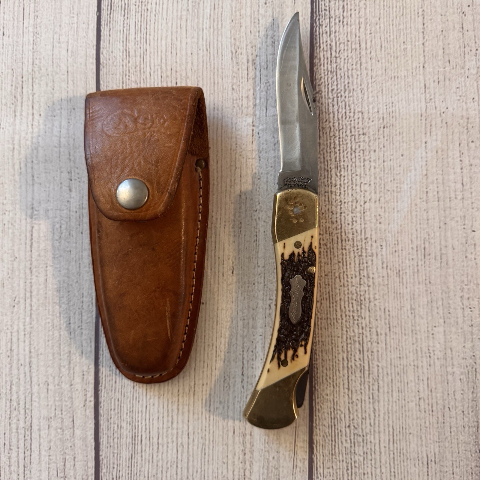 Vintage Schrade+ USA Uncle Henry LB8 Papa Bear Lockback Knife Staglon Sheath Vintage Schrade+ USA Uncle Henry LB8 Papa Bear Lockback Knife Staglon Sheath