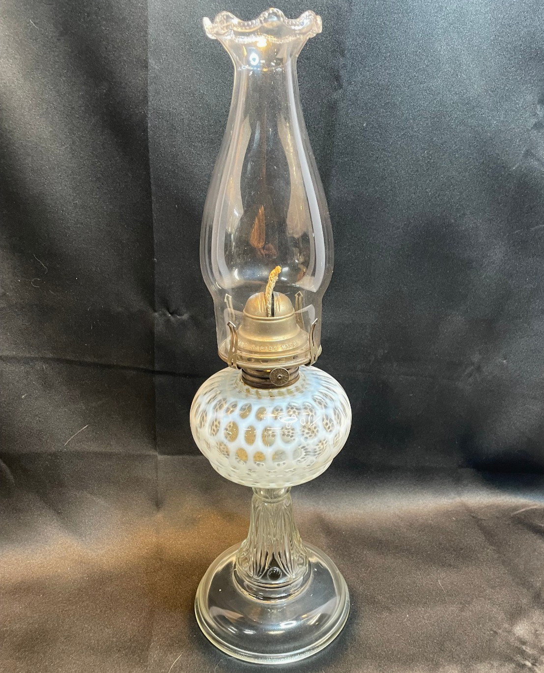 Antique White Opalescent Glass Coin Dot Oil Lamp White Flame Burner - Hobbs