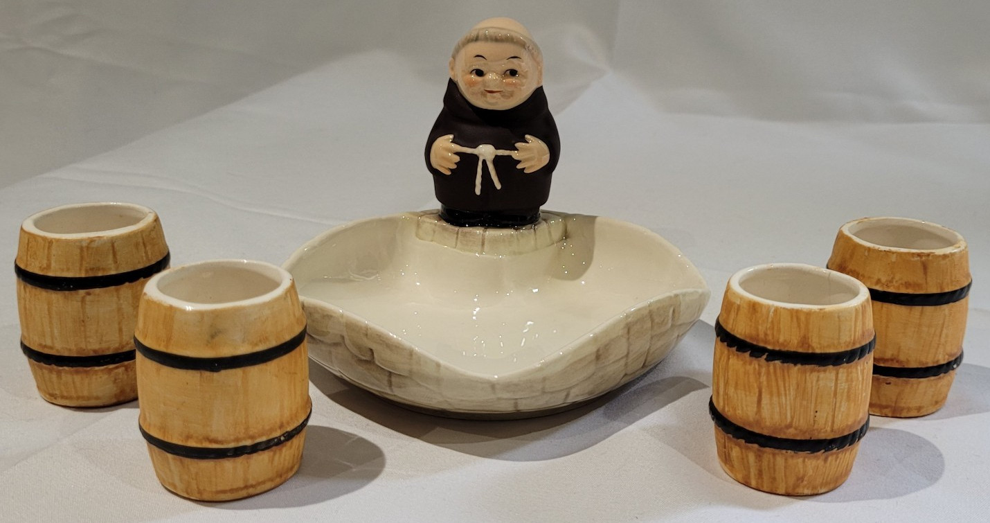 VINTAGE - 1956 Goebel Hummel Monk FRIAR TUCK Ashtray/Shot glasses  - 5 Item Set