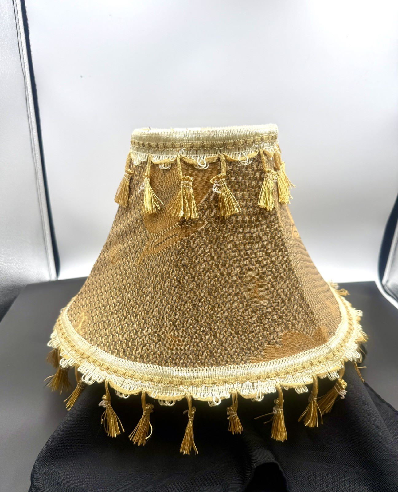 Vintage Victorian French Beige/Gold Tassels Fabric Lamp Shade 13” X 11.5” GC Vintage Victorian French Beige/Gold Tassels Fabric Lamp Shade 13” X 11.5” GC