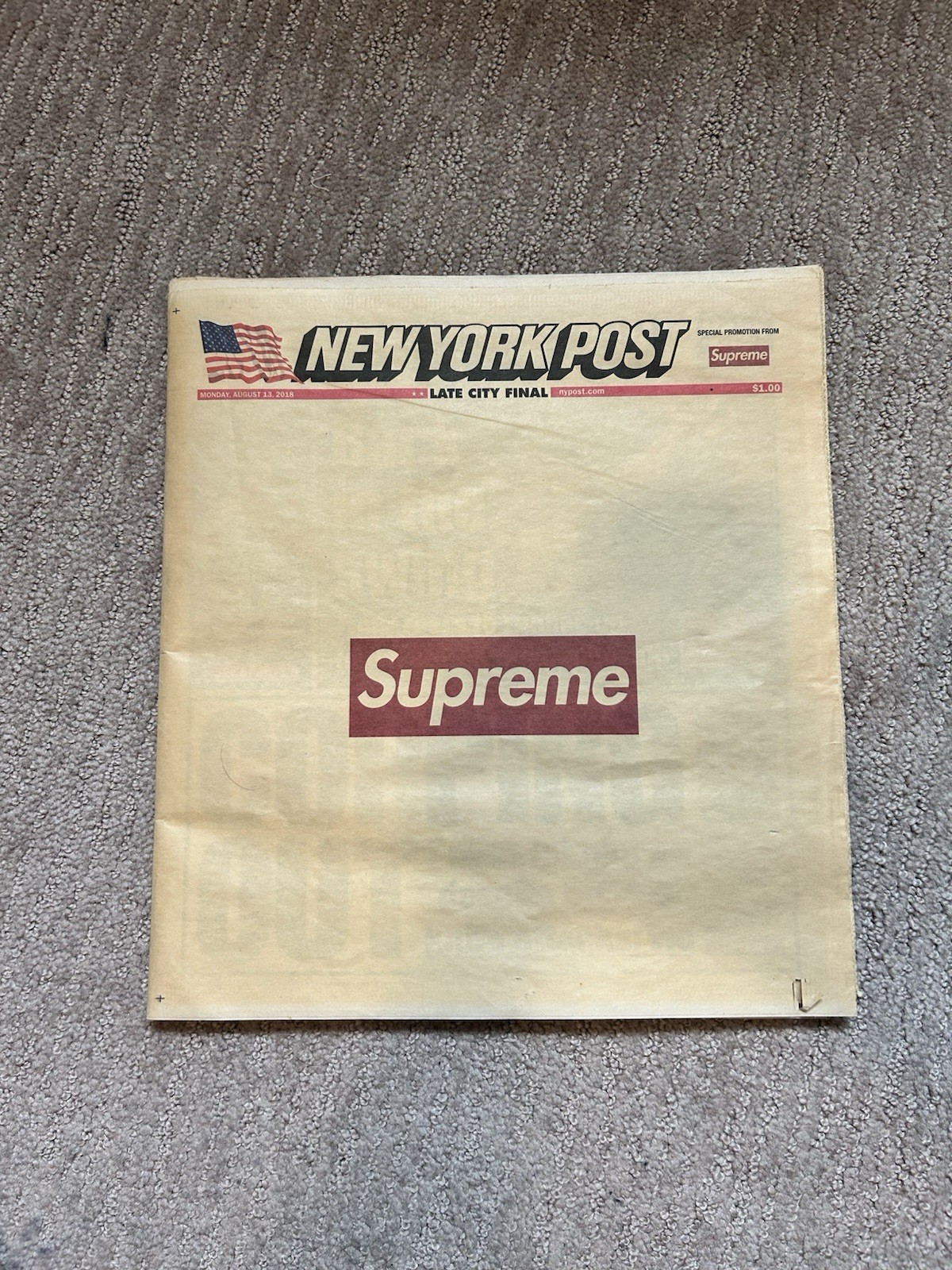 Supreme New York Post Newspaper NYC - August 13 2018 IN HAND bogo Fw18