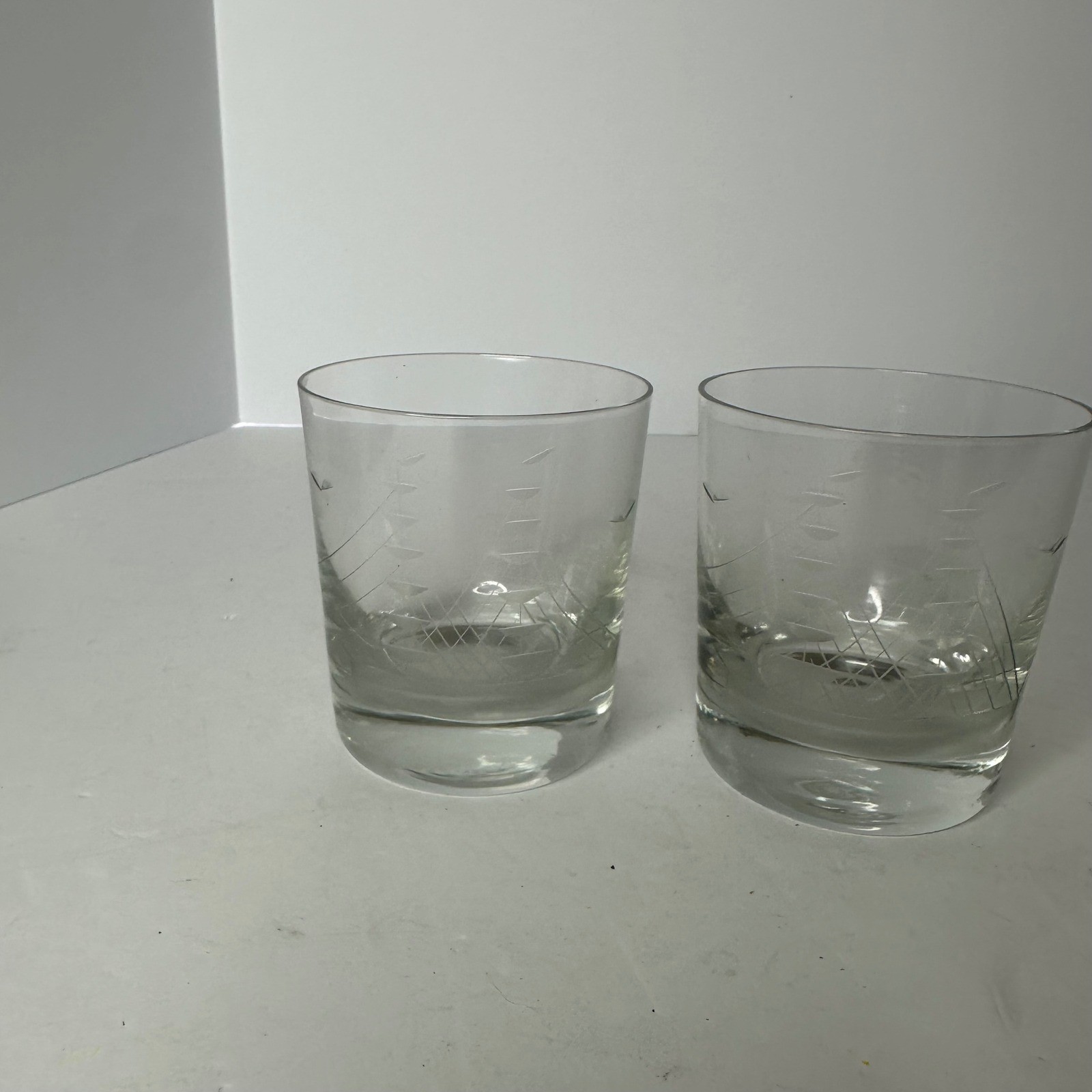 Vintage Etched Nautical Clipper Ship Whiskey Rocks Glasses Set of 2 Lowball Vintage Etched Nautical Clipper Ship Whiskey Rocks Glasses Set of 2 Lowball