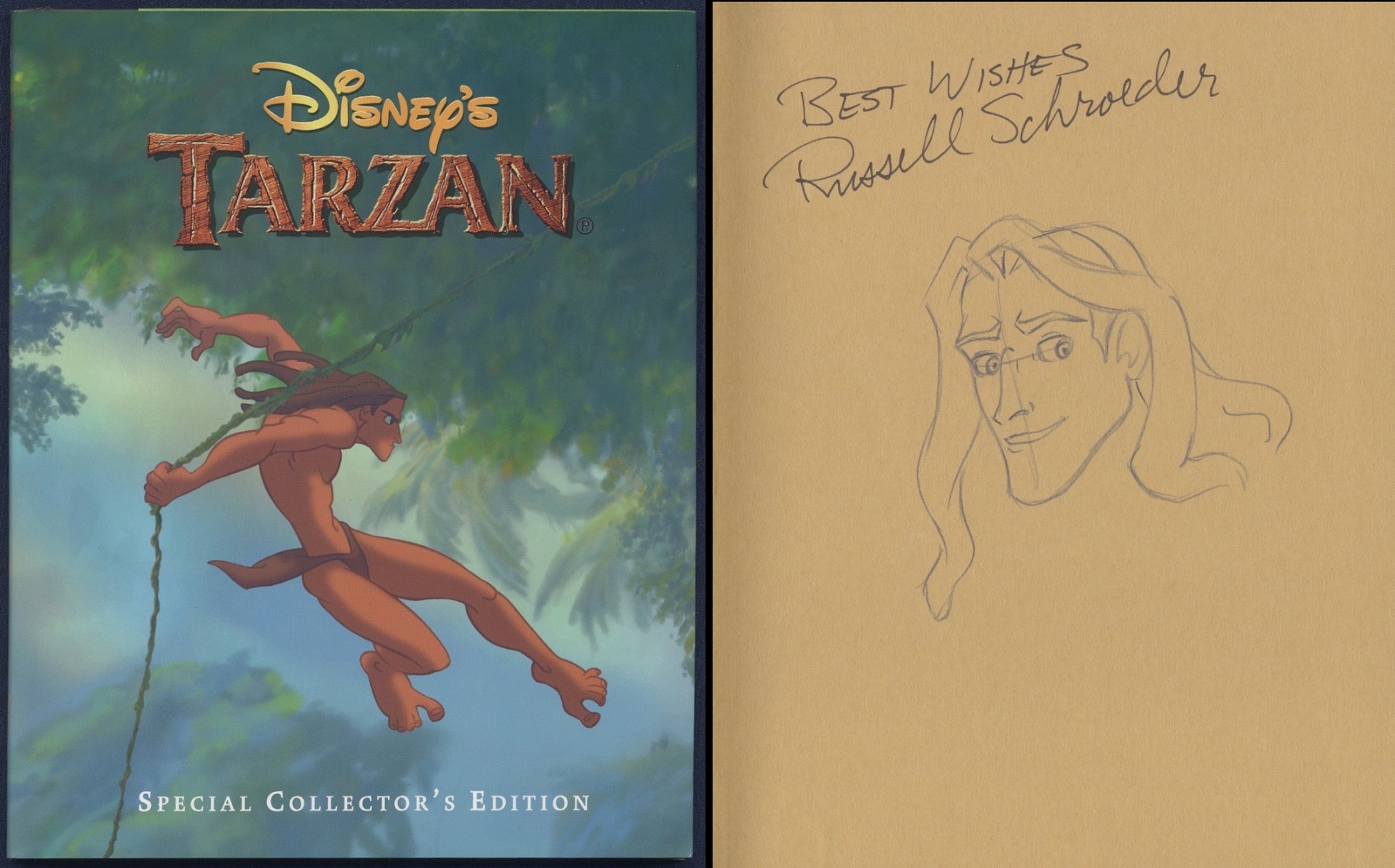 DISNEY'S TARZAN Book Signed +  TARZAN DRAWING by Author RUSSELL SCHROEDER, 1999