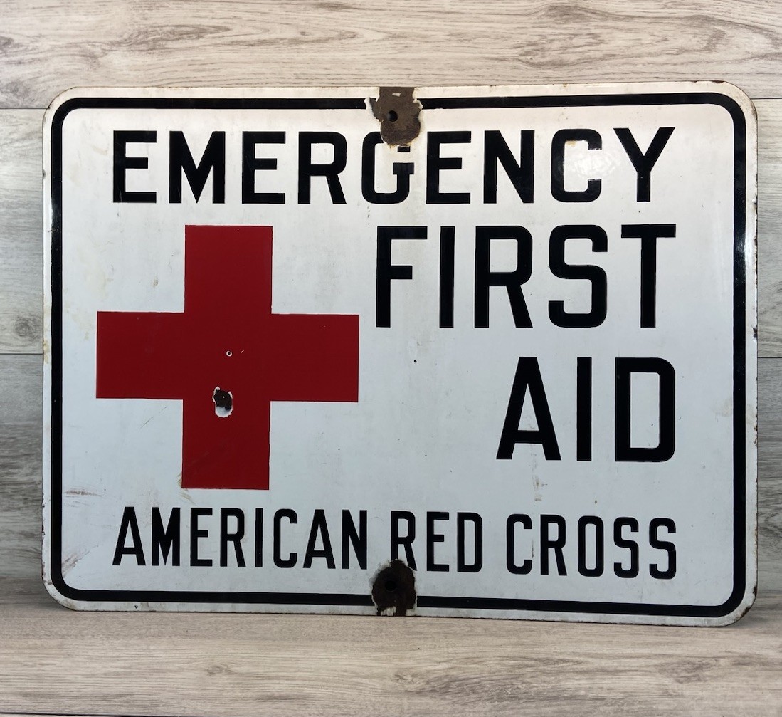 Vintage Emergency First Aid American Red Cross Enamel Metal Sign Authentic 18x24
