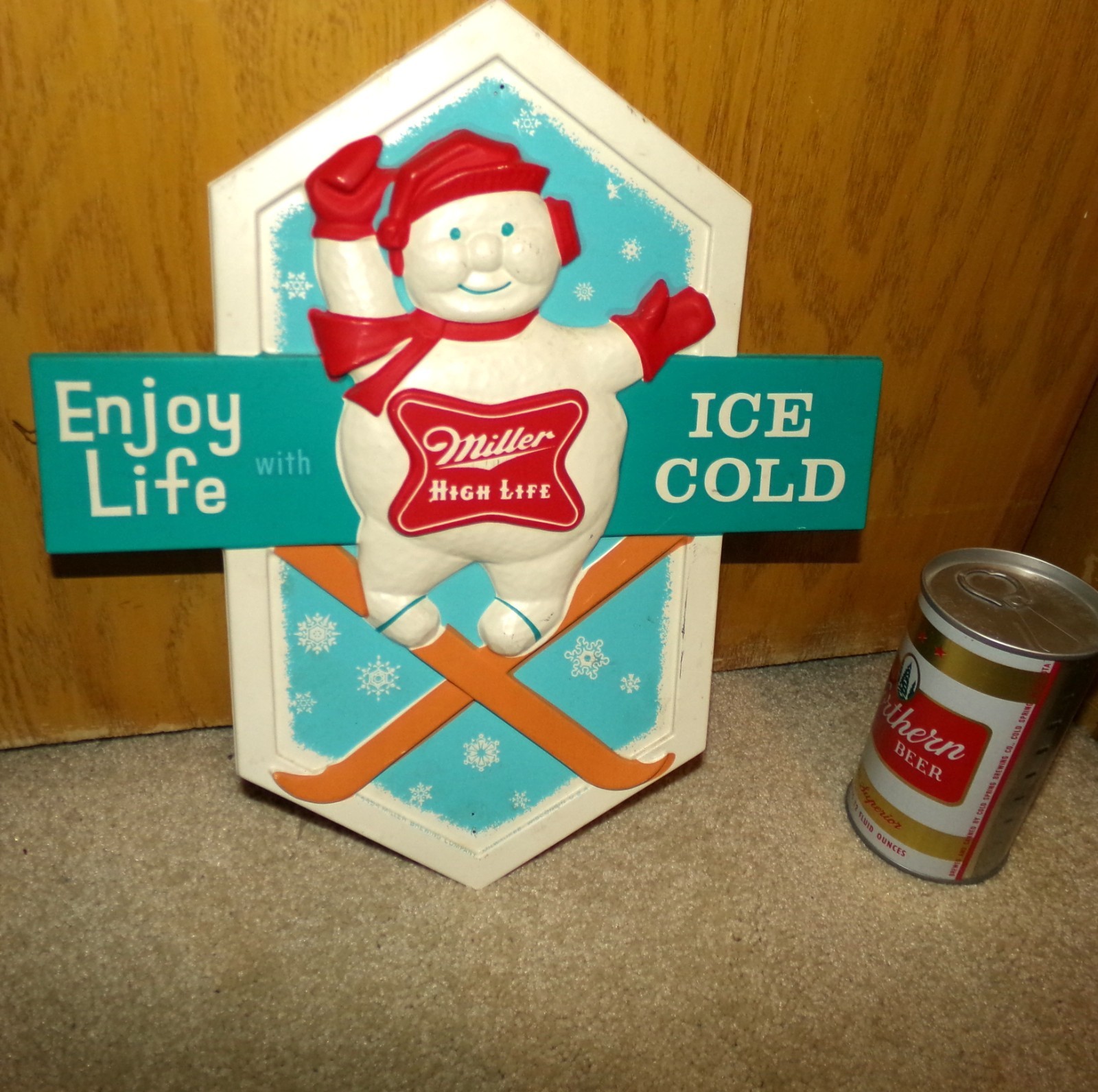 1950's MILLER HIGH LIFE beer SNOWMAN ON SKIES vacuum sign (enjoy life ice cold) 1950's MILLER HIGH LIFE beer SNOWMAN ON SKIES vacuum sign (enjoy life ice cold)