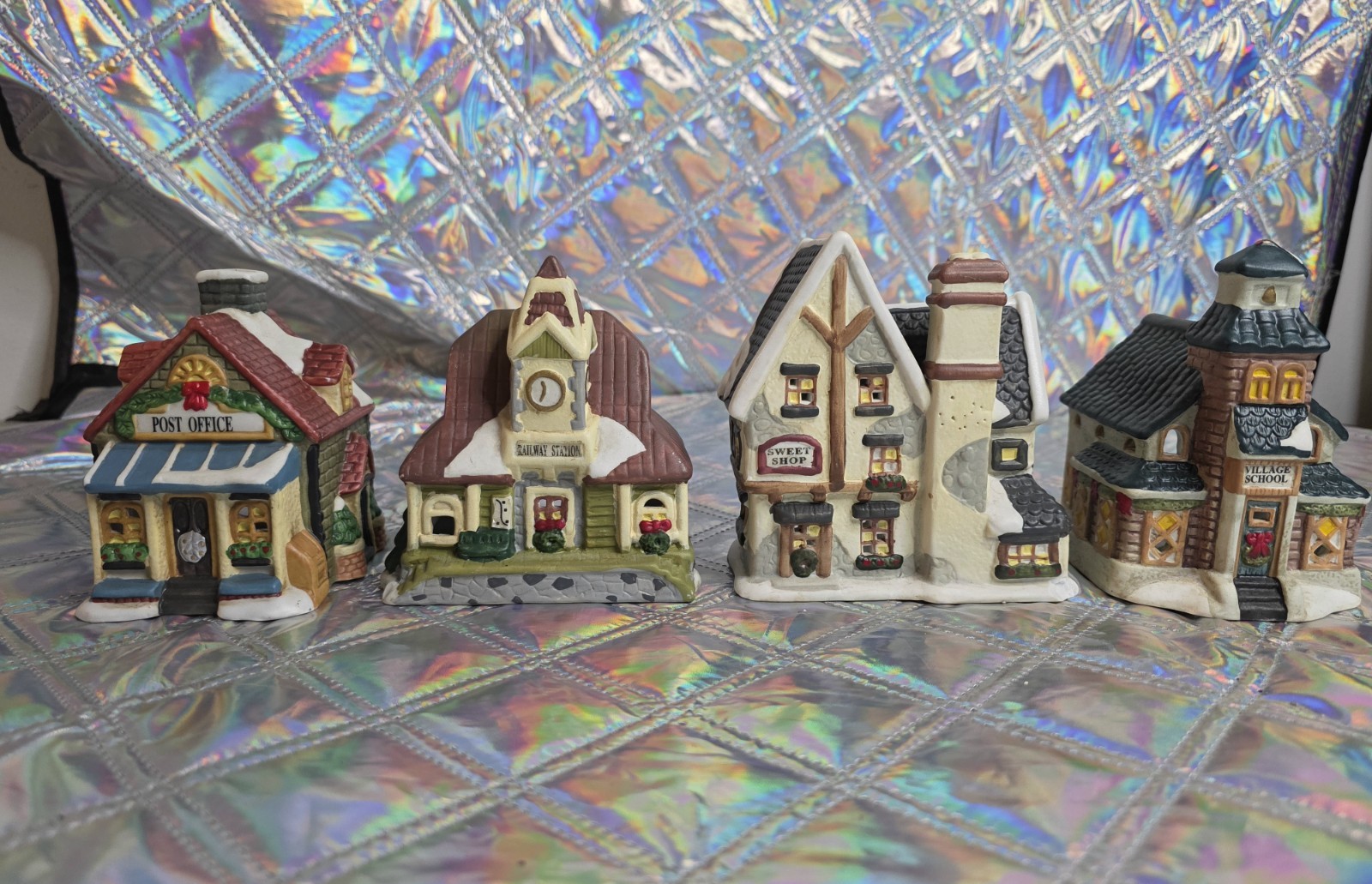 Vintage Giftco Christmas Village Ceramic Buildings Set of 4 Candle Holders